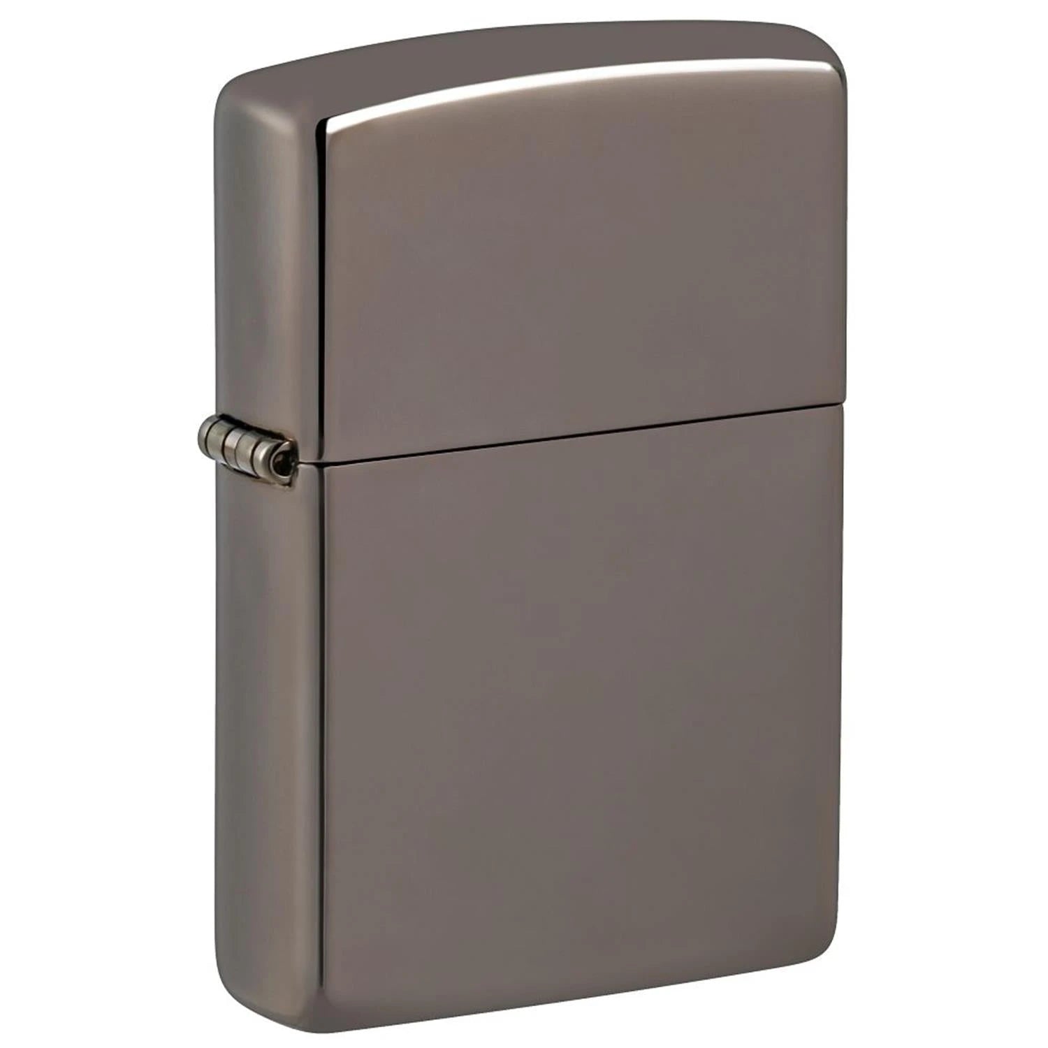 Zippo Sturmfeuerzeug Black Ice, geschlossen in Schrägansicht, tiefschwarzes spiegelndes Hochglanz-Finish, schlichtes Design ohne Gravur, weißer Hintergrund
